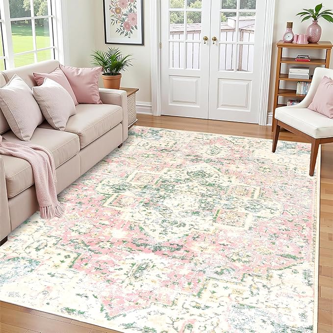 6x9 Washable Area Rugs Green and Pink Rug for Living Room Large Pink Area Rug Soft Boho Vintage Floor Carpet Non-Slip Oriental Rug for Bedside Nursery Dinning Room