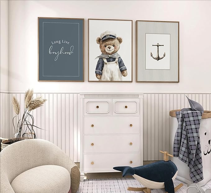 BMFLFWXE Vintage Nautical Nursery Wall Art Boy Coastal Canvas Posters Teddy Bear Sailor Pictures Navy Blue Ocean Sailboat and Lighthouse Painting Print Artwork for Kids Boy Room Playroom, Unframed