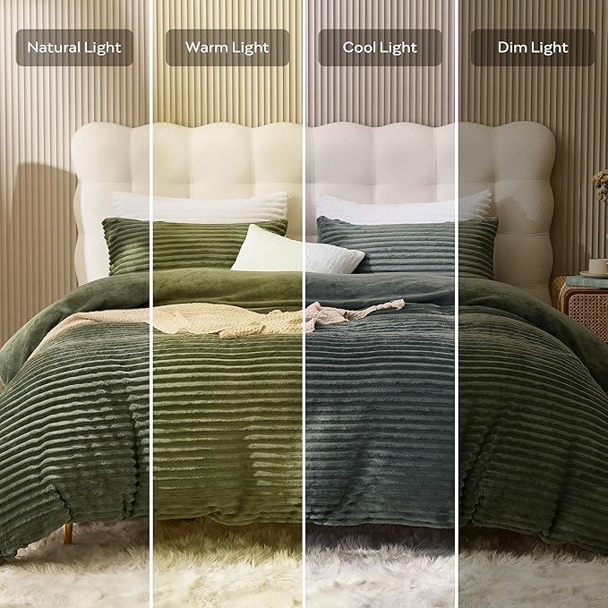 JELLYMONI Plush Duvet Cover Set - Queen Size Green Striped Fluffy Comforter Cover 3pcs Bedding Set Luxury Ultra Soft Faux Fur Duvet Cover with Zipper and 2 Pillowcases (NO Comforter)