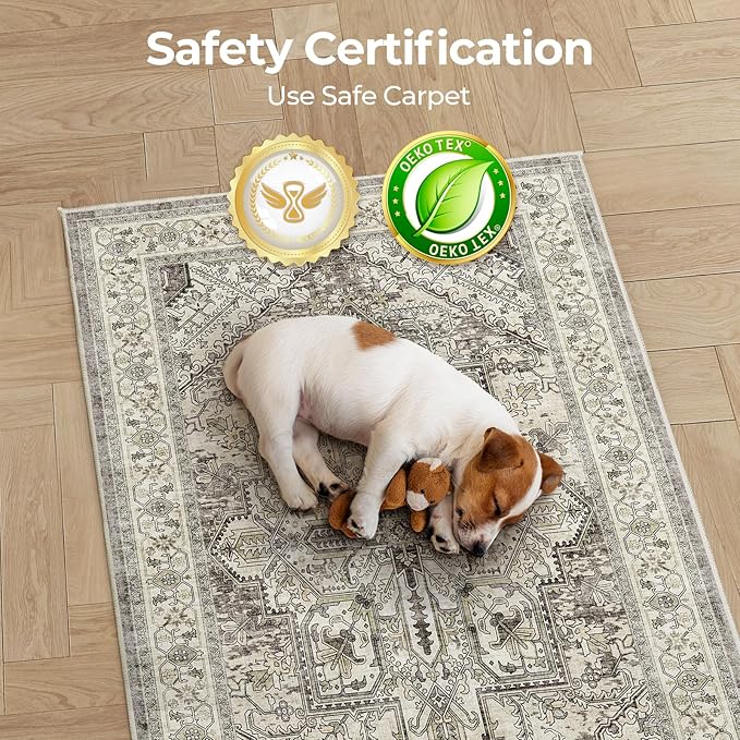 WITSHOCK Boho Area Rugs Machine Washable for Living Room Bedroom, 2x6 Vintage Non-Slip Stain Resistant Floor Carpet Indoor for Bedroom Kitchen Entryway Bathroom, Brown Lvory