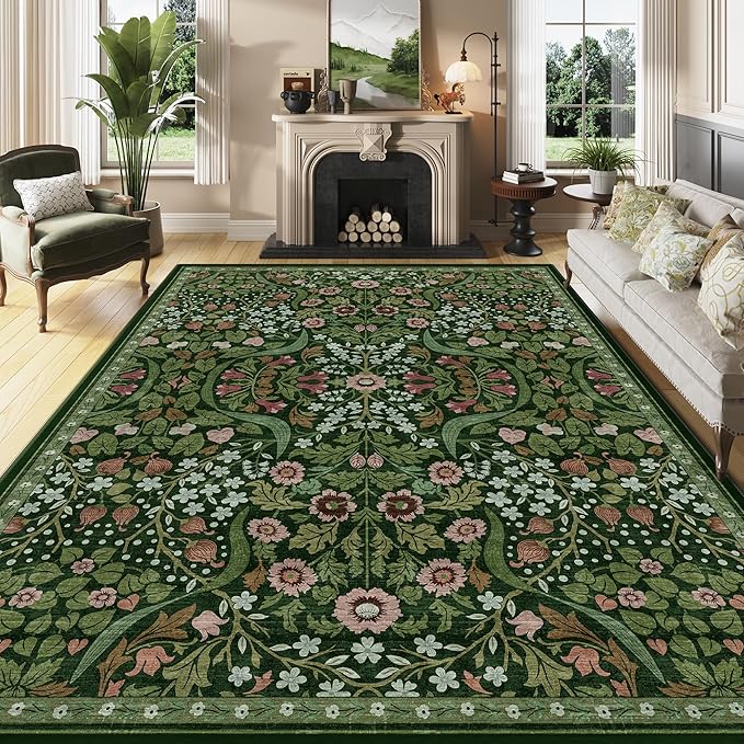 9x12 Green Floral Washable Area Rug for Living Room, Non-Slip Soft Vintage Boho Carpet, Botanical Forest Green Low Pile Rugs for Bedroom, Dinning Room, Home Office, Dorm, Nursery, Dark Green