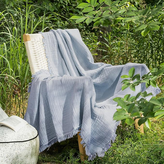 MooMee Muslin Blanket - 100% Cotton 4-Layer Gauze Throw Blanket with All-Around Fringe Ultra-Soft Breathable Lightweight Cooling for Bed Couch (Dusty Blue,Twin XL 66" x 90")