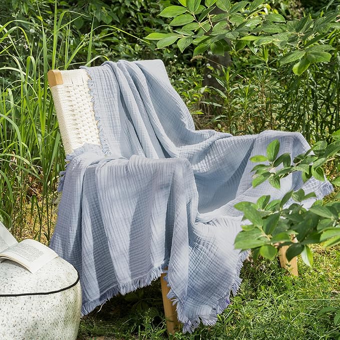 MooMee Muslin Blanket - 100% Cotton 4-Layer Gauze Throw Blanket with Tassels Ultra-Soft Breathable Lightweight Cooling for Bed Couch (Dusty Blue,Throw 60" x 50")