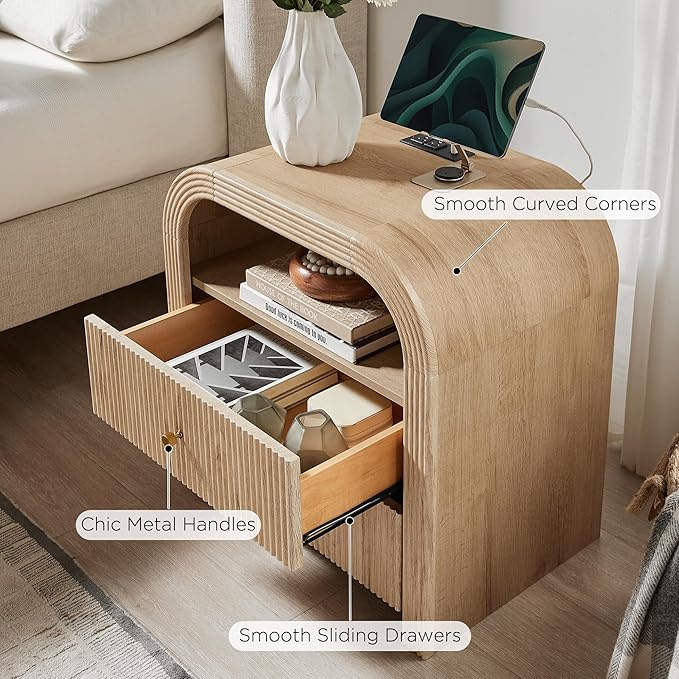 T4TREAM 24" Fluted Nightstand Set of 2, Large 2 Drawers Bedside Table with Charging Station, Modern End Table with Storage Night Stand for Bedroom, Living Room, Round Curved Corner Design, Natural Oak