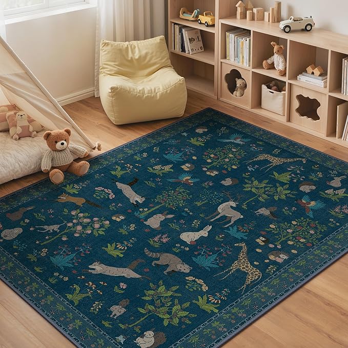 Rugs for Living Room 5x7 Floral Animal Print Area Rug Machine Washable Rug, Non Slip Low Pile Carpet for Bedroom, Entryway, Midnight Blue