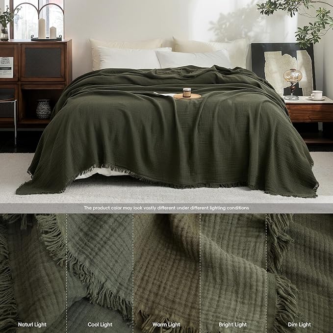 FOSSA Muslin Blanket with Fringe - 4-Layer 100% Cotton Gauze Super Soft & Breathable Throw -Lightweight Decorative Cooling Blanket for Bed, Sofa, Office -Twin XL Size 90" × 66" (Olive Green)
