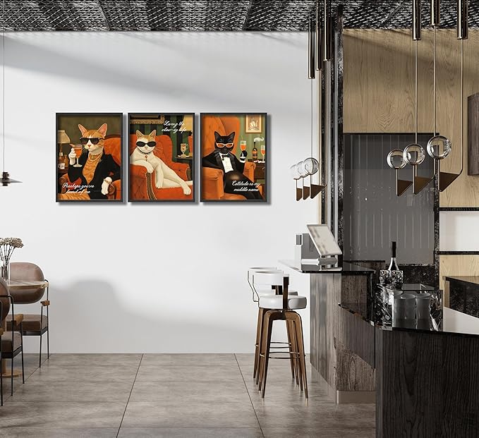 3Pcs Funny Cat Canvas Wall Art Elegant White Black Orange Cat Drinking Cocktail Painting Picture Wall Decor Luxury Feline Poster Print Bar Cart Artwork Decor for Bar Dining Room Bedroom Home Decortion