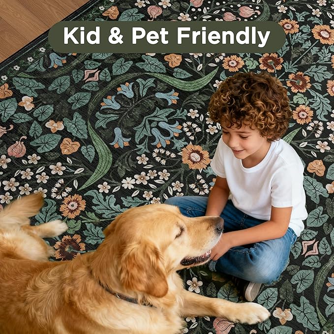 8x10 Green Floral Washable Area Rug for Living Room, Non-Slip Soft Vintage Boho Carpet, Botanical Forest Green Low Pile Rugs for Bedroom, Dinning Room, Dorm, Nursery, Black and Green