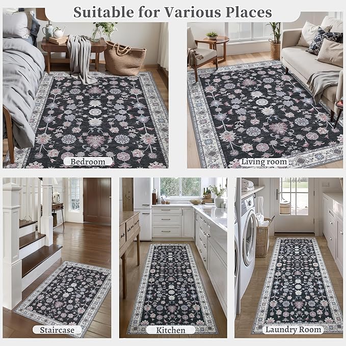 Tangsoo Washable Runner Rug for Hallway Non Slip, 2x6 Boho Floral Vintage Carpet Runner Rugs for Entryway, Floor Low Pile Runners for Kitchen Bathroom Laundry Bedroom Alfombra Black Red Farmhouse