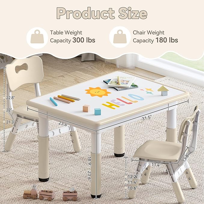 Kids Study Table and Chairs Set, Height Adjustable Toddler Table and Chair Set for Kids Ages 3-8, 31.5" L x 23.6" W Graffiti Desktop Plastic Children Art Table with 2 Seats