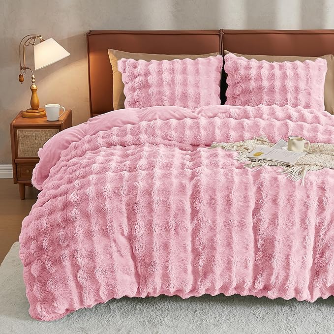 JELLYMONI Plush Duvet Cover Set - King Size Pink Faux Fur Comforter Cover 3pcs Bedding Set Luxury Ultra Soft Striped Fluffy Duvet Cover with Zipper and 2 Pillowcases (NO Comforter)