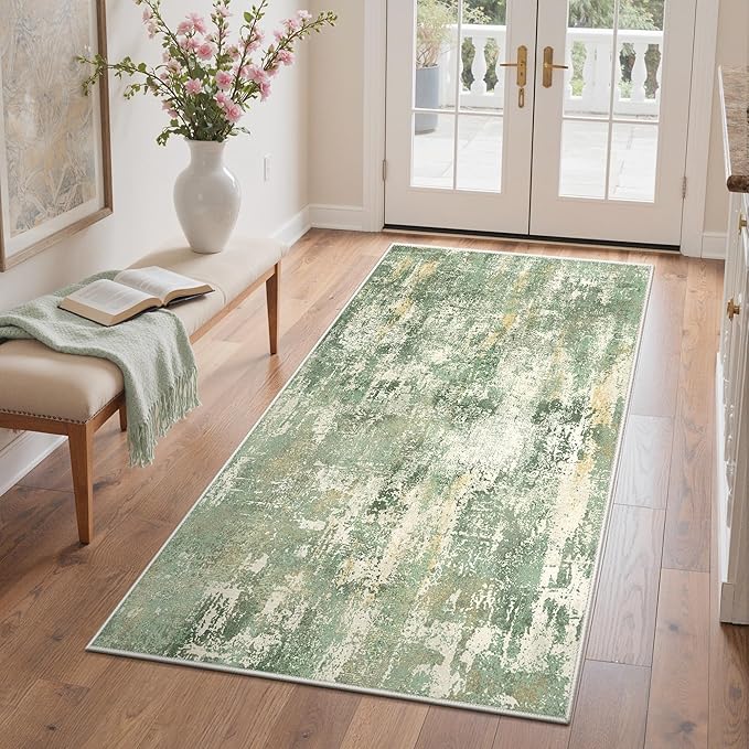 GENIMO 3x5 Rug for Entryway Washable Area Rug, Modern Abstract Small Rugs for Entrance Living Room, Bedroom Beside Rugs, Non-Slip Low Pile Lightweight Soft Carpet, Light Green