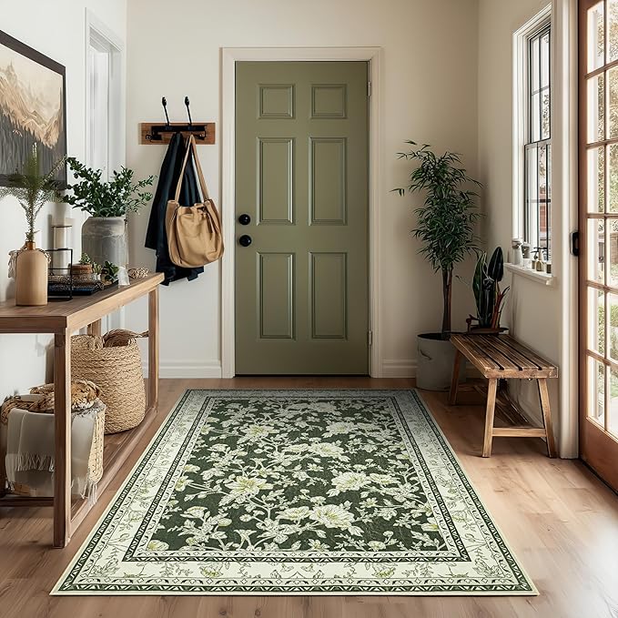 Olive Green Floral Print Area Rugs for Bedroom Living Room Boho Farmhouse Country Rustic Dining Room Carpet Soft Washable Rugs Non Slip Floor Covering for Nursery Playroom 4x6