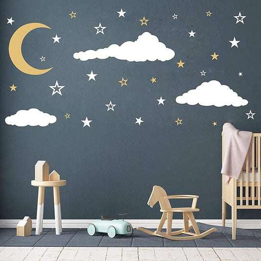 GESTYZ Vinyl Wall Stickers, Stars and Clouds Decal, White, Gold, for Nursery, Bedroom, Kids Room Wall Decoration