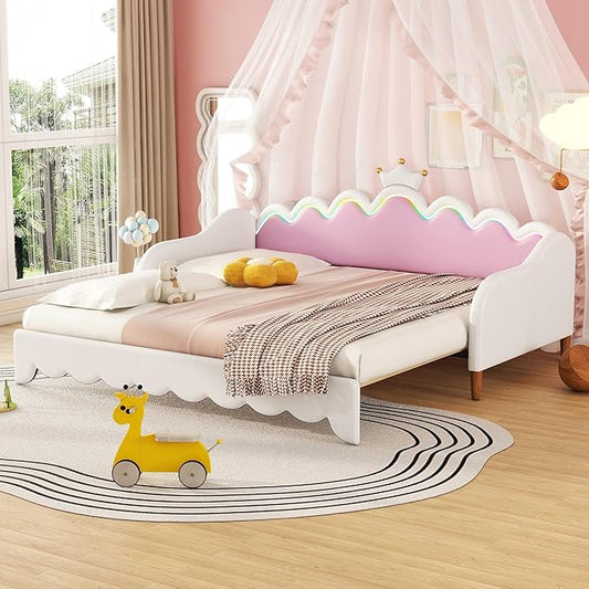Merax Cute Princess Daybed with Crown Headboard and Light Strips, Twin Size Upholstered Day Bed Frame, Space-Saving Extending Pull Out Sofabed for Kids, Girls' Bedroom, Solid Wood Slats Support, White