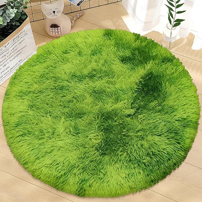 3 ft Small Green Grass Round Rugs for Bedroom,Tie Dyed Green Circle Rug Fluffy Fuzzy Round Carpet Shag for Boys Bedroom Girls Room Kids Playroom Nursery Room Decor Aesthetic