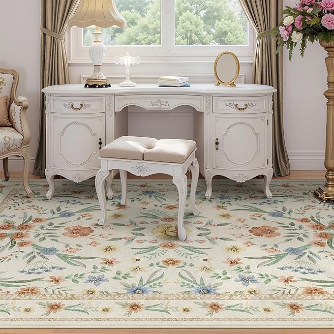 Beige Floral Washable Rug 7x9 – Large Vintage Boho Non-Slip Carpet, Soft Low Pile Thin Stain Resistant Area Rug for Living Room, Bedroom, Dining Room, Nursery, Farmhouse, Home Office