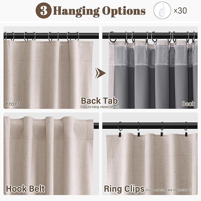 Guken Champagne Linen 100% Blackout Curtains 102 Inches Long Modern Luxury Back Tab Black Out Noise Cancelling Privacy Hook Belt Curtain for Room Divider Backdrop Living Room 2 Panels Set 52x102