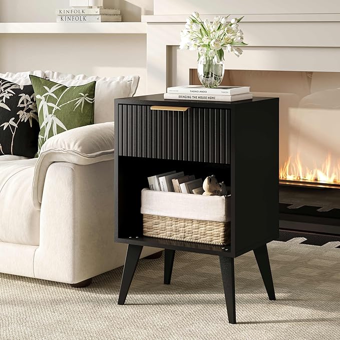 Fluted Night Stand with Opening Storage,Mid Century Bedside Table with Drawer,Modern Nightstand with Solid Wood Legs,End Table Side Table for Living Room,Bedroom,Black CTG56BK