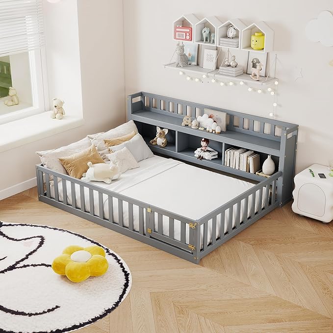 mikibama Full Size Floor Bed with Side Bookcase and Shelves, Montessori Floor Bed with Guardrails for Bedroom, Wood Full Floor Bed Frame with Storage for Girls, Boys, Grey
