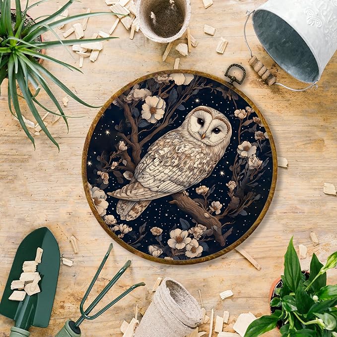 Hiuwevt Enchanted Forest Owl Round Wall Art Decor, Mystical Starry Night Whimsical Owl Hanging Canvas Prints Artwork Framed, Dark Cottagecore Animal Circular Wall Decor for Home Room, 10x10 Inch