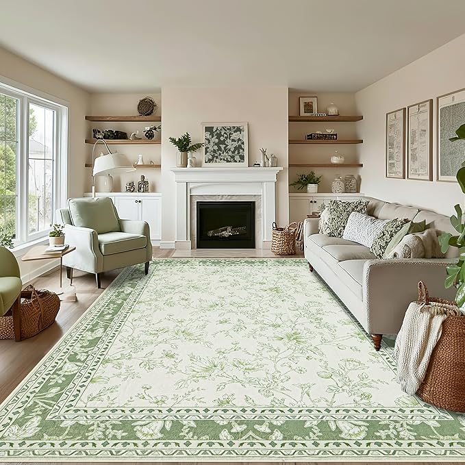 Sage Green Rugs for Bedroom 7x9 Area Rug for Living Room Machine Washable Light Green Cream Beige Printed Non-Slip Vintage Floral Distressed Indoor Boho Farmhouse Carpet for Dining Room Nursery