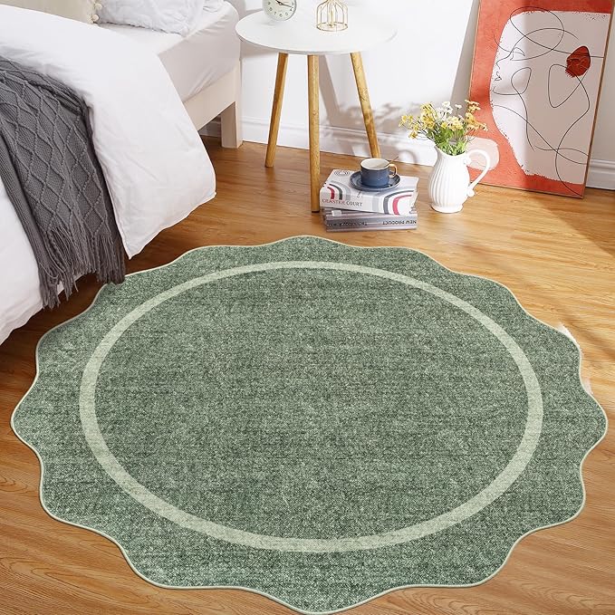 GarveeHome Scalloped Washable Round Rugs, Non-Slip Soft Round Rug 4 ft Ultra-Thin, Small Boho Circle Stain Resistant Low Pile Carpet for Entryway Kitchen Bedroom Nursery Bathroom, Greyish Green