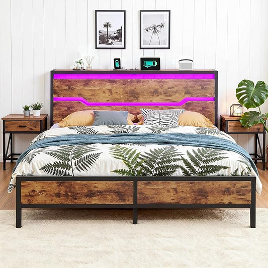 King Size Bed Frame with LED Lights & Charging Station, King Bed Frame and Headboard,13" Under Bed Storage, Noise-Free Heavy Duty Metal Support, Modern Brown