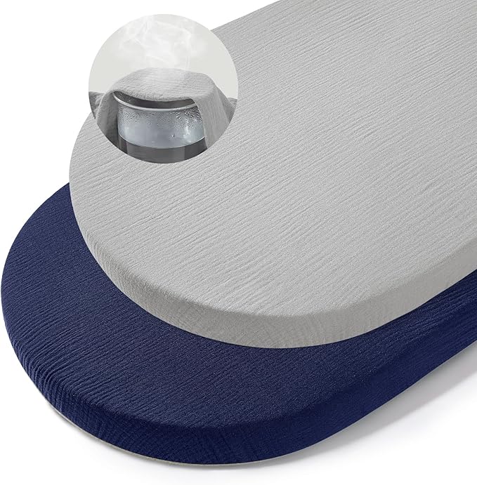 Basumee Muslin Bassinet Sheets for Baby Girl Boy 2 Pack Soft Breathable Baby Bedside Bassinet Fitted Sheets with Bottom Elastic Band 33''x17''x4'' Mattress Cover for Rectangle Oval Hourglass Bassinets