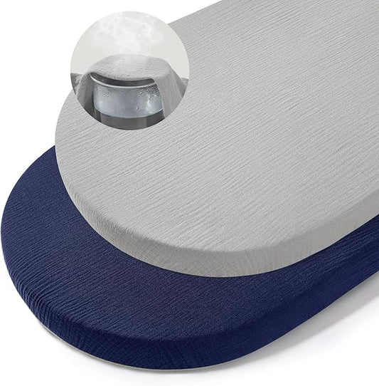 Basumee Muslin Bassinet Sheets for Baby Girl Boy 2 Pack Soft Breathable Baby Bedside Bassinet Fitted Sheets with Bottom Elastic Band 33''x17''x4'' Mattress Cover for Rectangle Oval Hourglass Bassinets