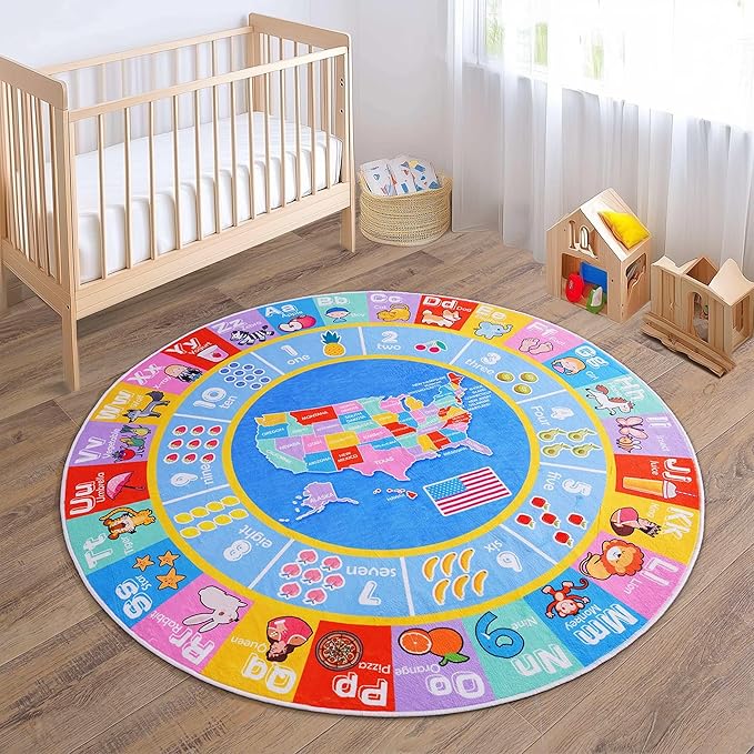 Kids Rugs for Playroom - Soft & Non-Slip 6x6 Feet Round Educational Rug for Learning ABC Alphabet, Numbers, Shapes & Map, Washable Classroom Rug for Toddler Nursery & Kids Room Decor