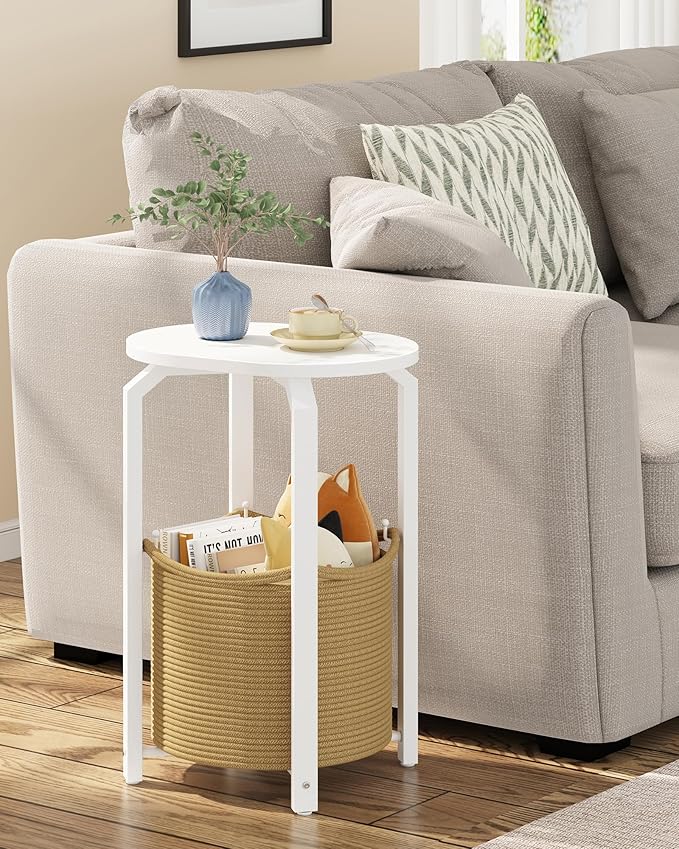 TUTOTAK Small Side Table, Oval End Table, Night Stand, Bedside Table, Sofa Table with Storage Basket, Living Room, Bed Room, White and Beige TB01BWN093