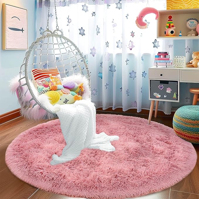 Round Fluffy Carpet 6FT Blush - Super Soft Circle Rug for Kids Room - Shaggy Circular Rug for Nursery