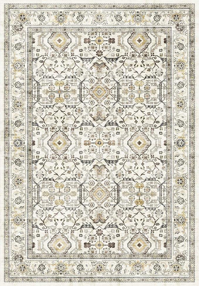 WITSHOCK Living Room Area Rugs 5x7: Washable Rug Boho Soft Non-Slip Low Pile Stain Resistant Foldable Carpet for Bedroom Playroom Dining Room Office Kitchen Farmhouse Home Decor Rug-Cream Color