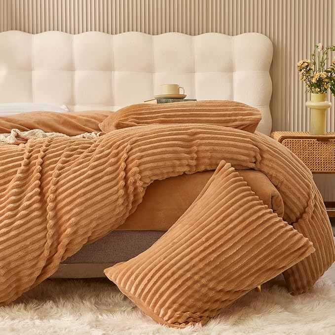 JELLYMONI Plush Duvet Cover Set - King Size Orange Striped Fluffy Comforter Cover 3pcs Bedding Set Luxury Ultra Soft Faux Fur Duvet Cover with Zipper and 2 Pillowcases (NO Comforter)