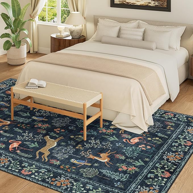 DUKINO 9x12 Rug, Washable Animal Living Room Rug with Non Slip Vintage Design, Soft Low Pile Large Carpet for Bedroom, Nursery, Dining Room, Farmhouse, Playroom, Navy Blue