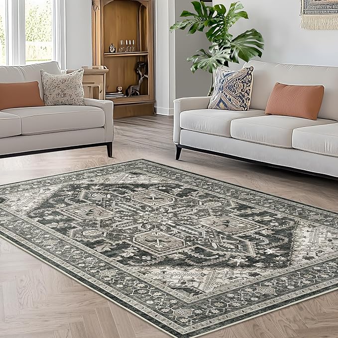 WITSHOCK Living Room Area Rugs 5x7: Washable Rug Boho Soft Non-Slip Low Pile Stain Resistant Foldable Carpet for Bedroom Playroom Dining Room Office Kitchen Farmhouse Home Decor Rug-Bitter Black