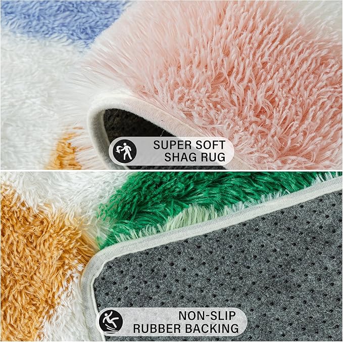Checkered Rug 3x5 for Living Room, Modern Neutral Shag Rug Soft Washable Fluffy Rugs Indoor Fuzzy Carpet for Bedroom Home Dorm Aesthetic Decor