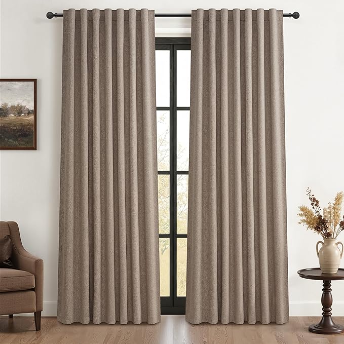 Dark Flax Black Out 90 Inch Long Boho Curtains 2 Panel Set, Farmhouse Curtain for Living Room Darkening/Thermal/Noise Reduction Textured Linen Drape Hook&Ring Included Chocolate 50" Wx90 L