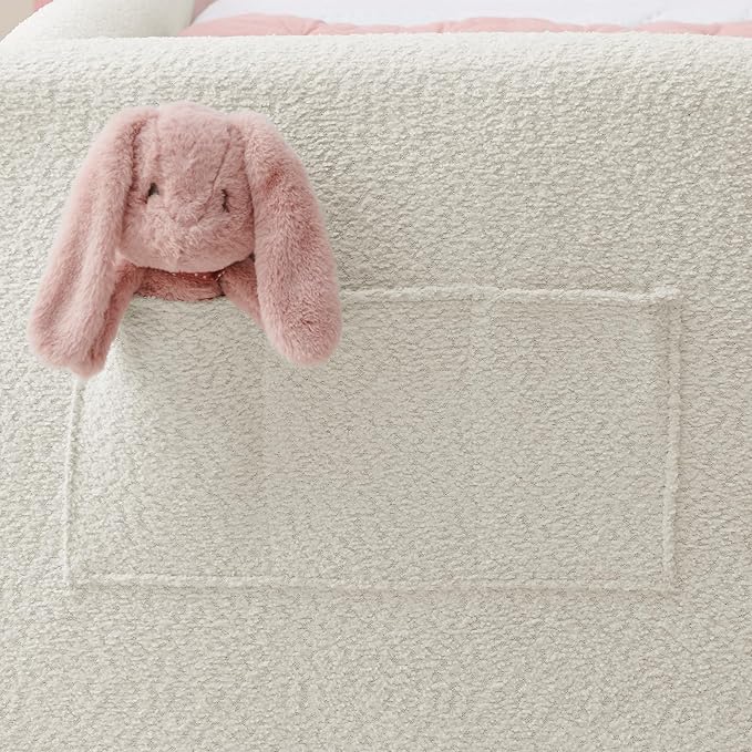 Twin Bed with Rails, Montessori Bed Frame for Toddlers, Boucle Upholstered Platform Bed with Rabbit Ear Headboard, for Kids & Teens, Beige