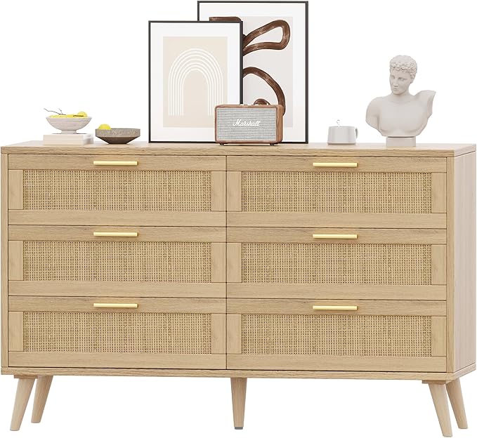 Rovaurx 6 Drawer Double Dresser for Bedroom, Rattan Chest of Dressers, Modern Wooden Dresser Chest with Golden Handles, Beside Table for Closet, Living Room and Entryway, Natural