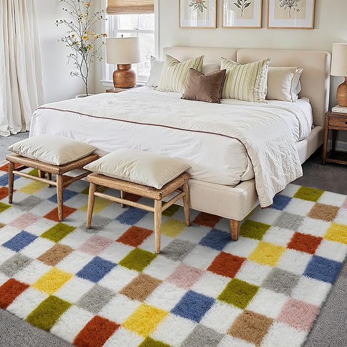 Checkered Rug 6x9 for Living Room, Colorful Modern Shag Rug Washable Non-Slip Large Area Rug Super Soft Indoor Fuzzy Carpet Fluffy Rugs for Bedroom Home Aesthetic Decor