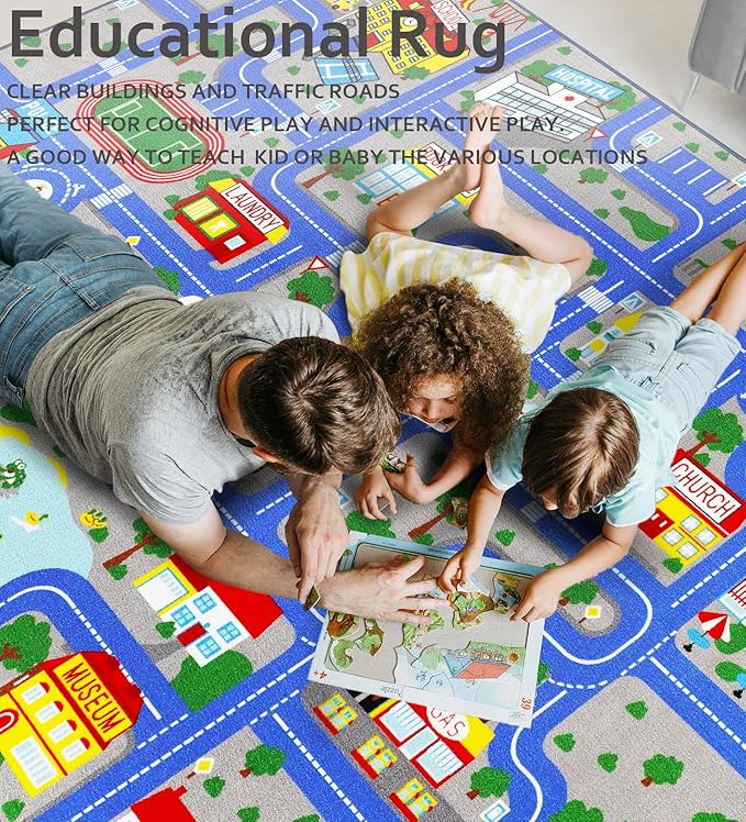 Kids Carpet Playmat Rug 6'6''x9'8'', Kids Rugs for Bedroom, Non-Slip Town City Road Map Car Rugs for Kids Toy Cars, Track Carpet Play Rug for Playroom Classroom Decor (Blue)
