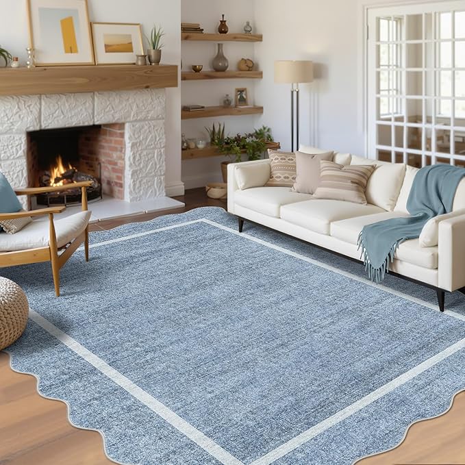 GarveeHome Scalloped Washable Rug 10x13 Area Rug for Bedroom Farmhouse Living Room Rug Non Slip Large Area Rug Low Pile Throw Rugs Stain Resistant Carpet for Dining Room Blue 10 ft x13 ft