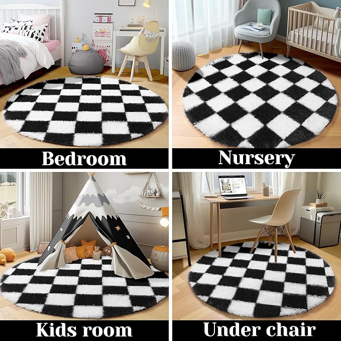 KICMOR Round Rug 4ft for Bedroom, Black and White Fluffy Soft Circle Area Rug Small Fuzzy Shag Shaggy Living Room Carpet, Indoor Checkered Circular Rug for Kids Room Home Decor Aesthetic, Nursery