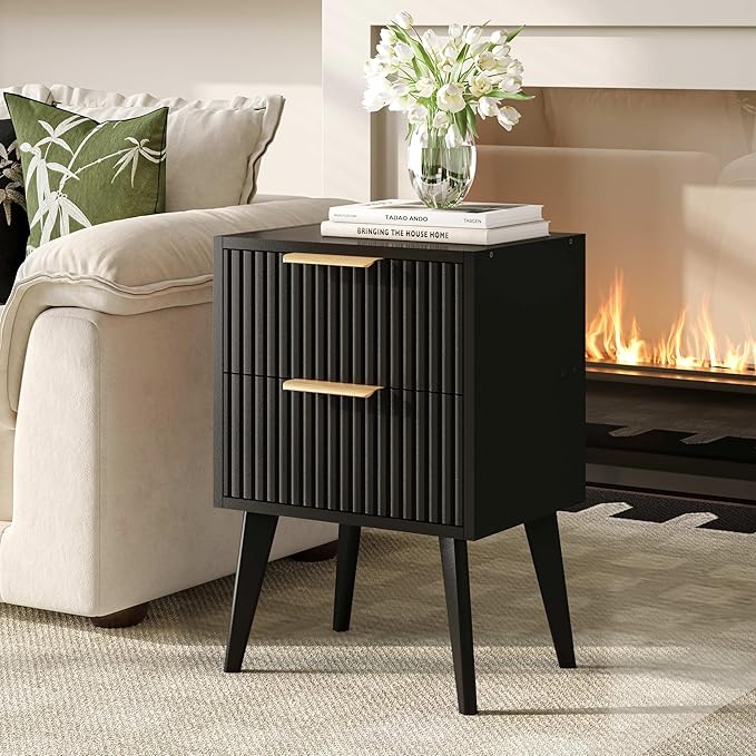 Night Stand,Modern Bedside Table,Black Nightstand with 2 Storage Drawers,Fluted Side Table with Solid Wood Legs,Mid Century End Table for Living Room,Bedroom,Small Space,Black CTG55BK