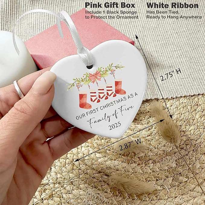 2025 Our First Christmas as a Family of Five-Parents Mom Dad Gift for New Baby Newborn-The Third Kid-Xmas Stocking Theme-Ceramic Hanging Heart Shaped Ornament-Double Sided Printed