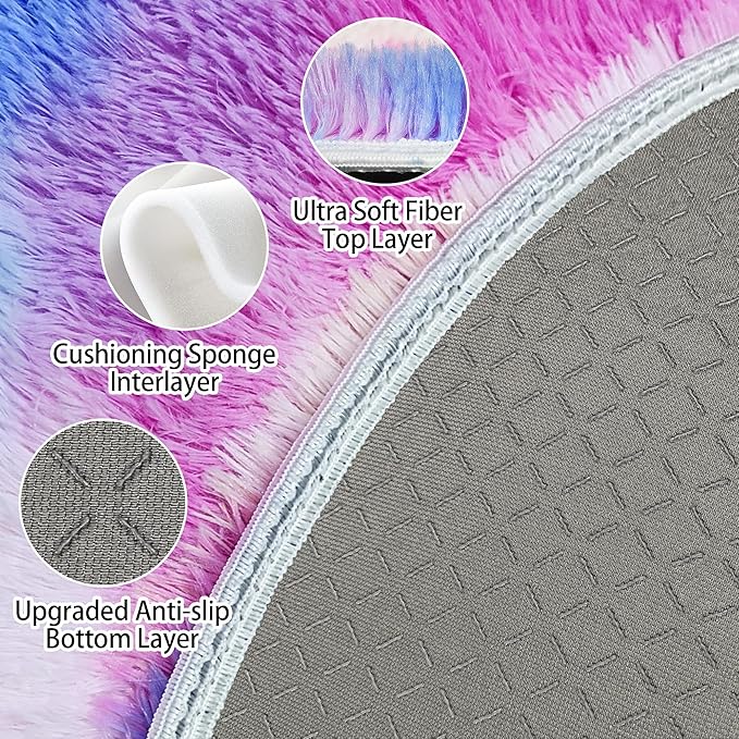 Small Round Rug for Bedroom,2' Pink Rainbow Circle Area Rugs Colorful Carpet Fuzzy for Indoor Floor Carpet for Kids Girls and Boys, Nursery Rooms, Home Decor Aesthetic