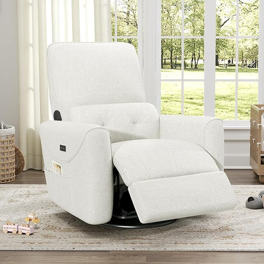 KINGYES Nursery Rocking Chair, Glider Rocking Chair for Nursery, 270° Swivel Glider, Bluetooth Speaker & USB-C Port, Fabric Nursery Recliner Sofa, Cream
