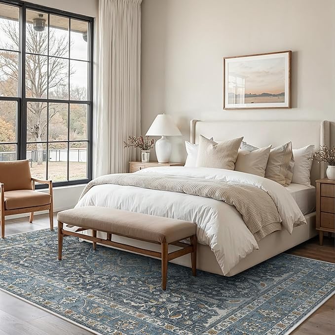GENIMO Area Rug 6'x9', Vintage Large Rugs with Non-Slip Backing, Ultra-Thin Low Pile Soft Woven Fiber Carpet for Living Room, Bedroom, Dining Room, Nursery, Blue Black